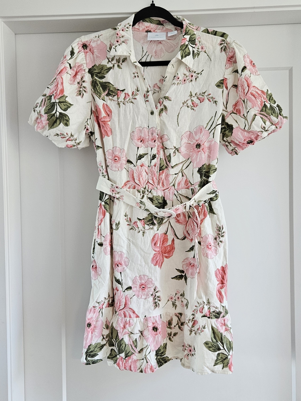 Cynthia Rowley Cream Mini Dress with Pink Floral Print Linen Blend Sz Large
